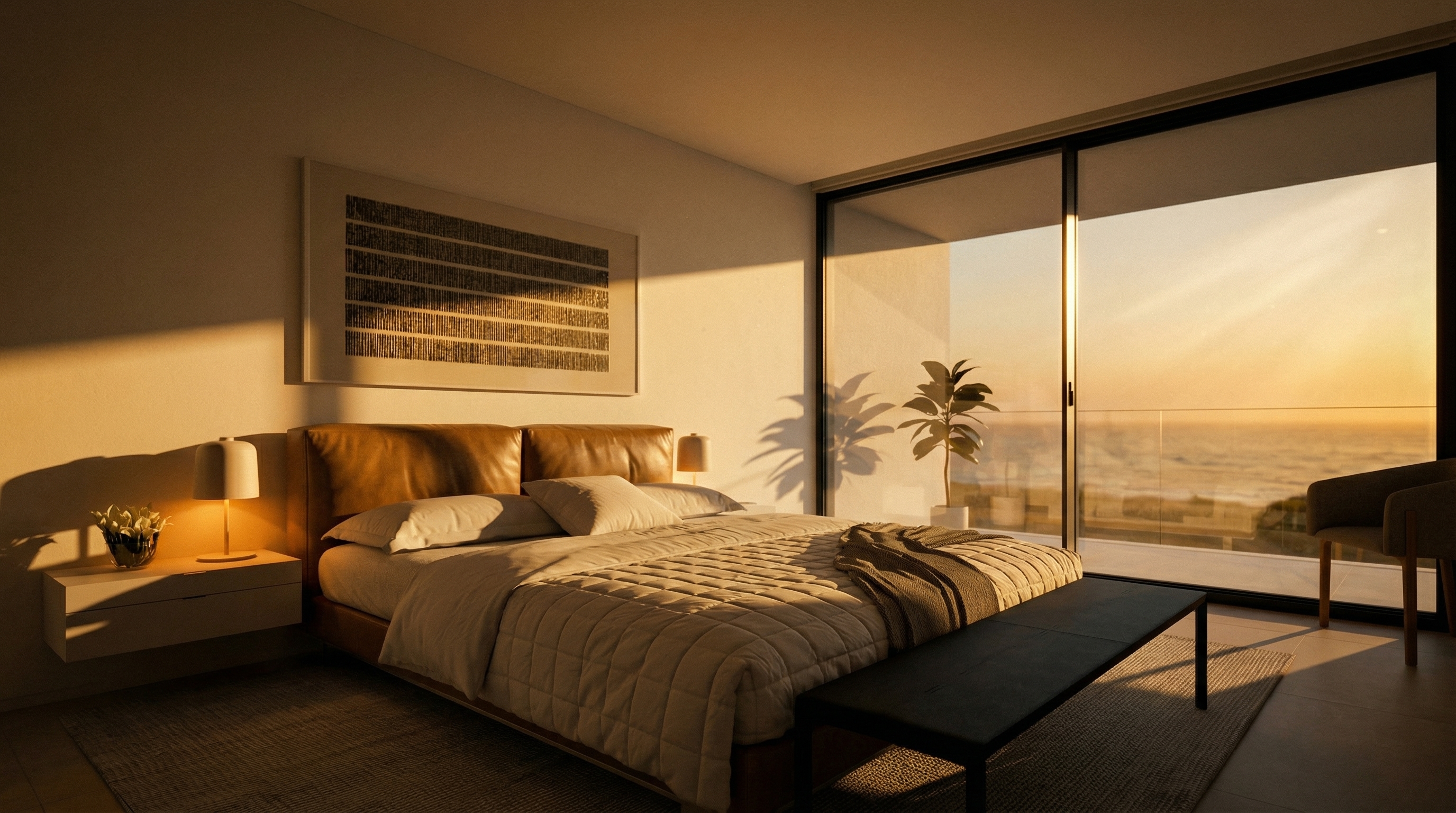 Warm luxury interior with open dining and terrace view
